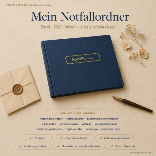 Notfallordner Excel PDF Word | Vorsorgemappe Deutsch mit automatischer Vermögensbilanz | Digitaler Nachlass | 3 Formate Premium – Finanzen & Investieren